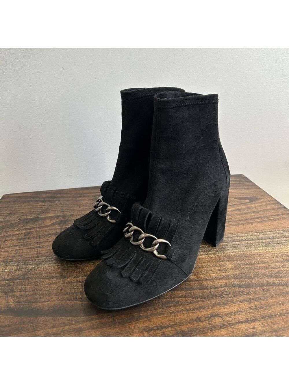 Stuart Weitzman Black Suede Ankle Boots with Fringe and Chain Detail, Size 9.